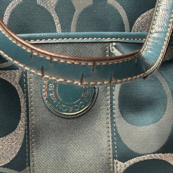 Coach Teal Metallic Silver Logo Jacquard Gallery Tote Bag Purse F20426 - Picture 12 of 15